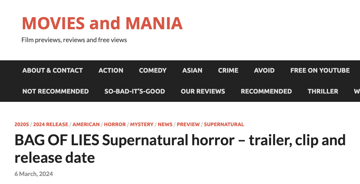 BAG OF LIES Supernatural horror – trailer, clip and release date